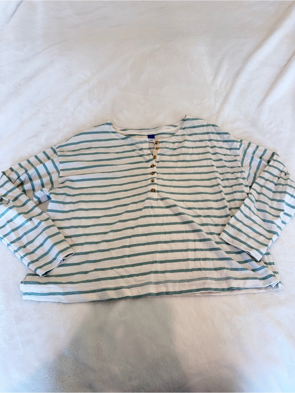 Old Navy Cream & Teal Striped Henley Long Sleeve Top